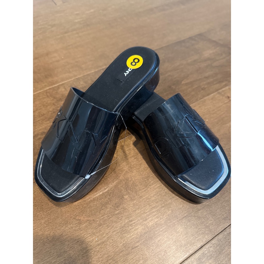 DKNY Womens Black Jelly Platform Slide Sandals Logo Strap Square Toe Size 8